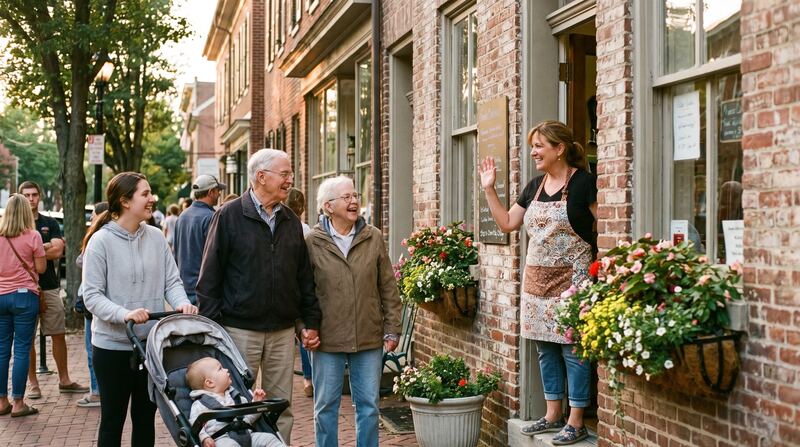 A shop owner greeting neighbors outside her store on a small-town main street (an illustration)