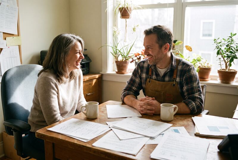 An accountant laughing with a bakery owner as they review papers together (an illustration)
